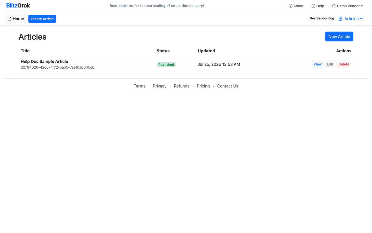 Articles list with Create Article and New Article buttons