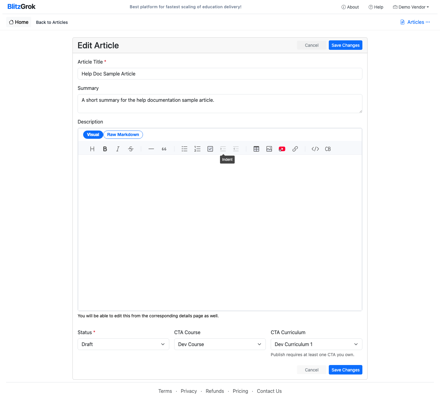 Edit Article form with existing content